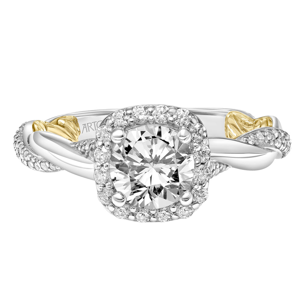 Lyric Engagement Ring with Cushion Diamond Halo and Accented Diamond Gallery with Twist Diamond and Polished Shank
