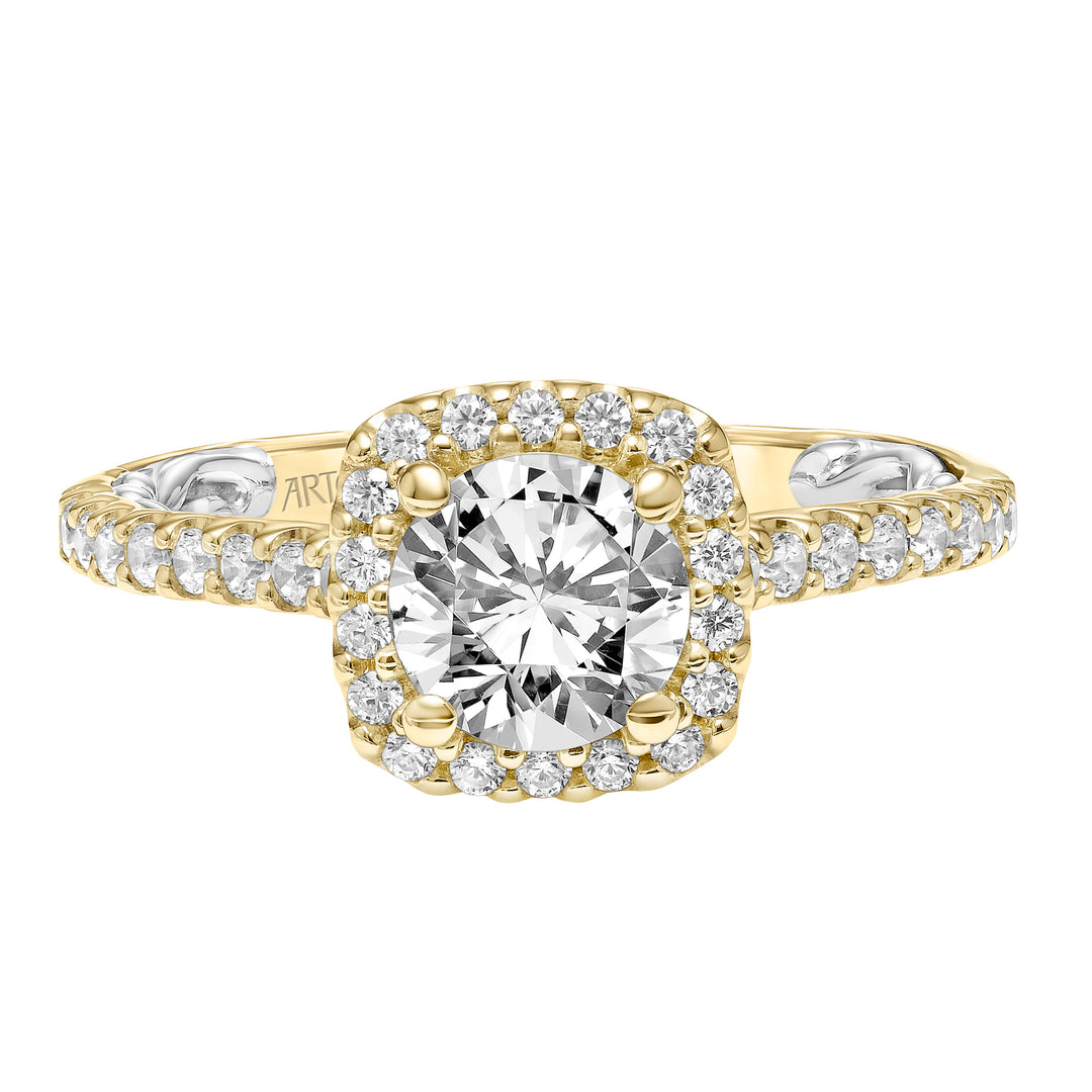 Lyric Engagement Ring with Cushion Diamond Halo and Accented Diamond Gallery with Diamond Shank.  Center Stone is not included.