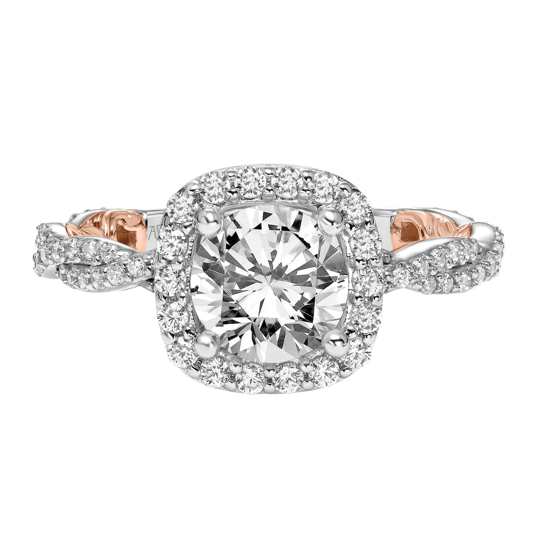 Lyric Engagement Ring with Cushion Diamond Halo and Accented Diamond Gallery with Inner Carved details and Diamond Shank.  Center Stone is not included.