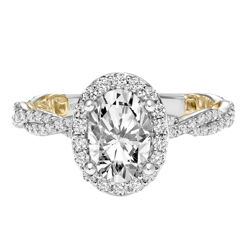 Lyric Engagement Ring with Oval Diamond Halo and Accented Diamond Gallery with Inner Carved details and Diamond Shank.  Center Stone is not included.