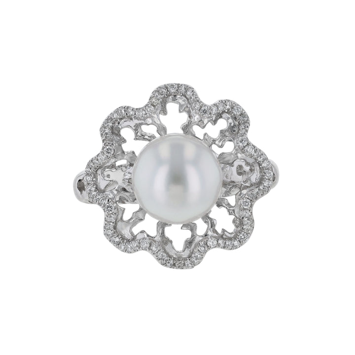 Cultured Pearl Diamond Cutout Floral Ring