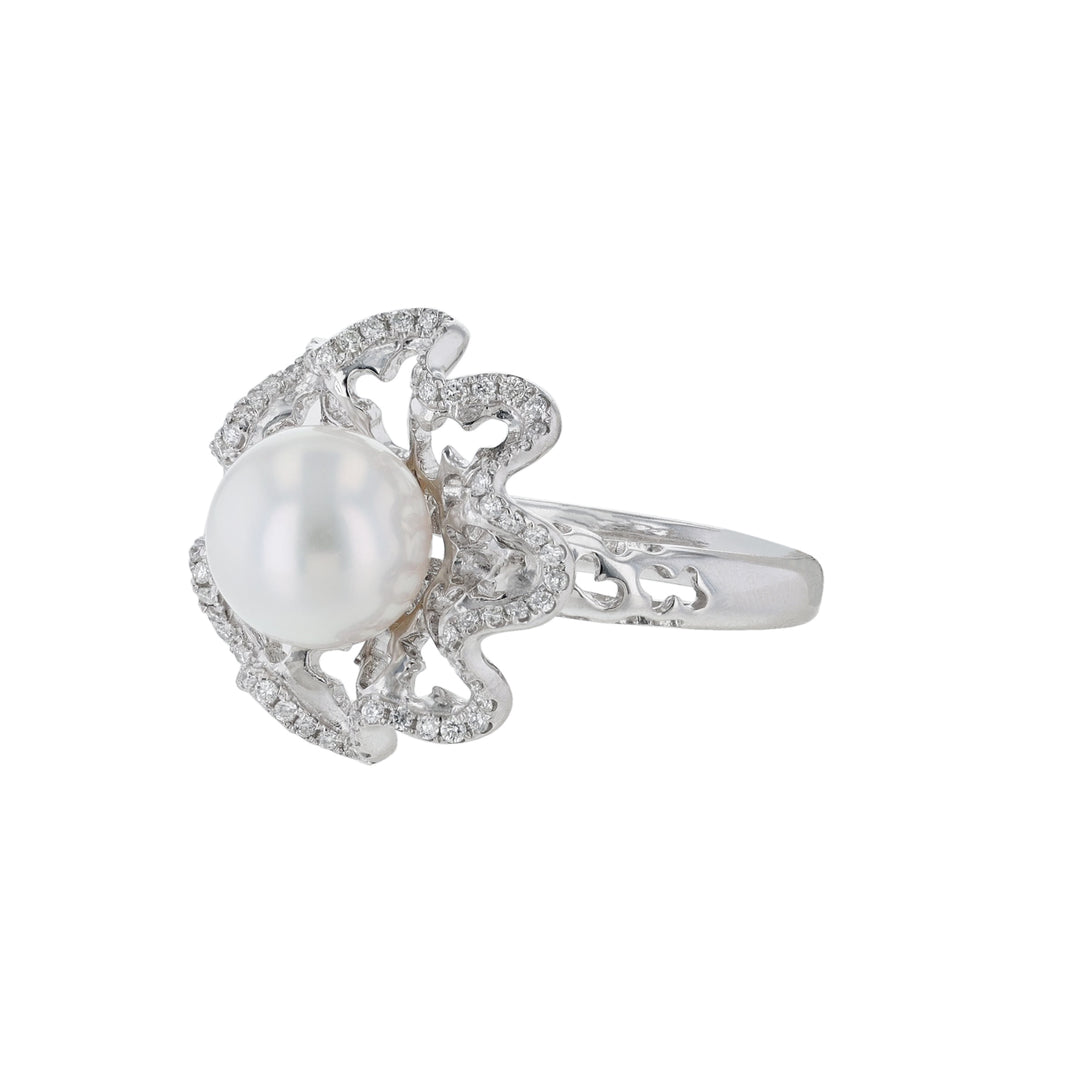 Cultured Pearl Diamond Cutout Floral Ring