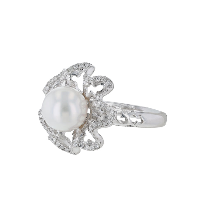 Cultured Pearl Diamond Cutout Floral Ring
