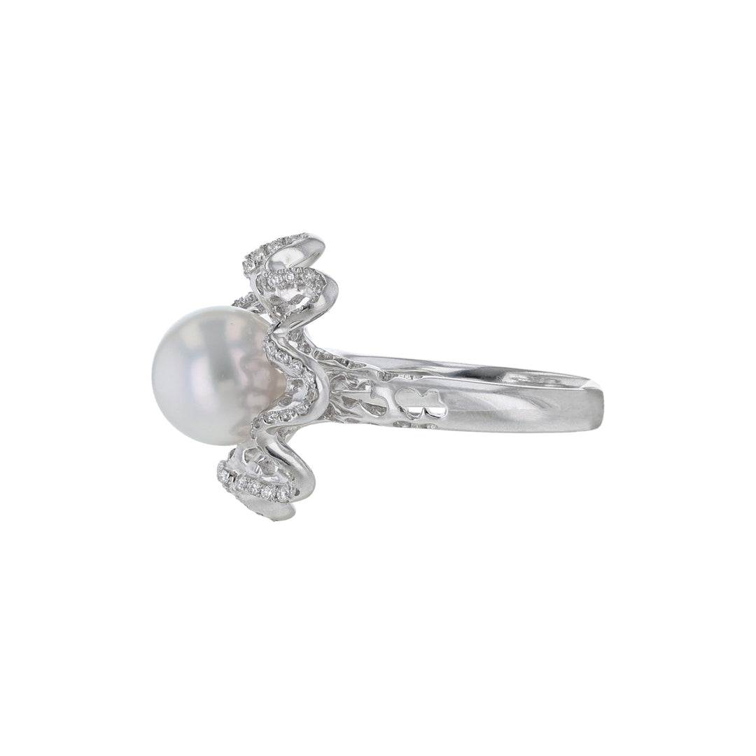 Cultured Pearl Diamond Cutout Floral Ring