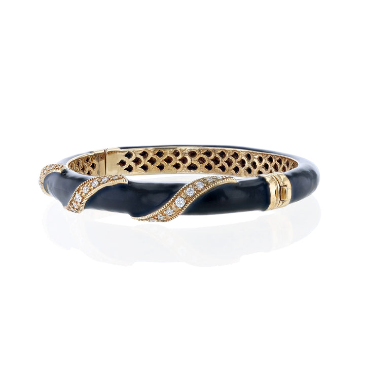 14K Yellow Gold Diamond Black Enamel Bangle