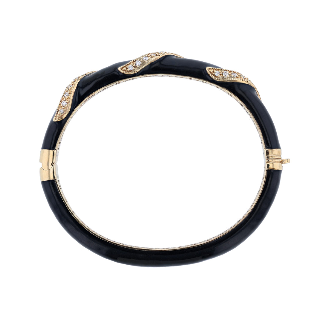 14K Yellow Gold Diamond Black Enamel Bangle