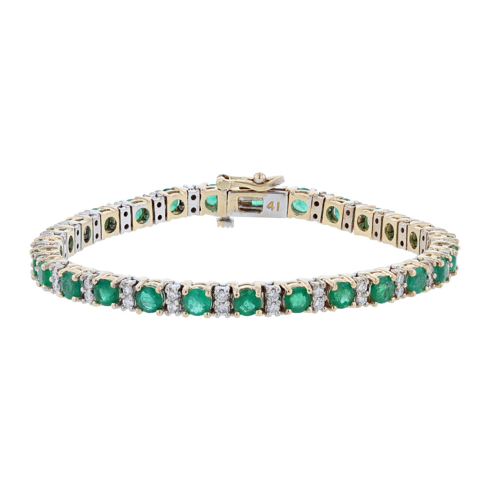 14K Two Tone Emerald Diamond Tennis Bracelet