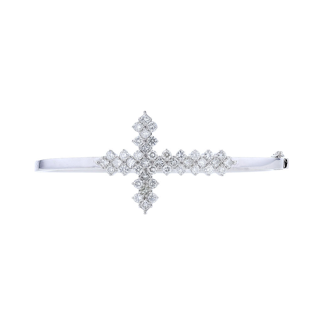 14k White Gold Diamond Cross Bangle