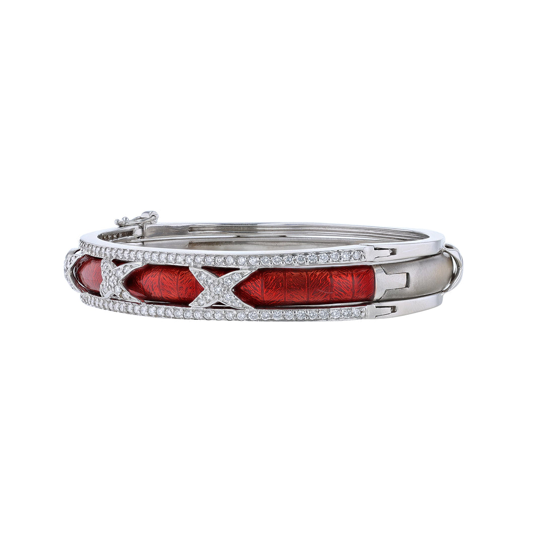 18K White Gold Diamond X Red Enamel Bangle Set
