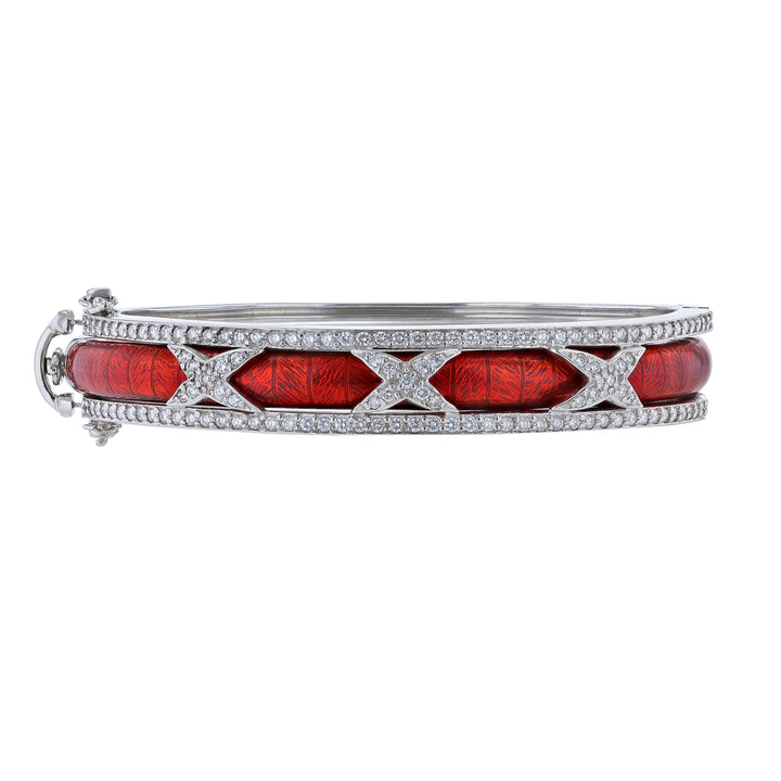 18K White Gold Diamond X Red Enamel Bangle Set