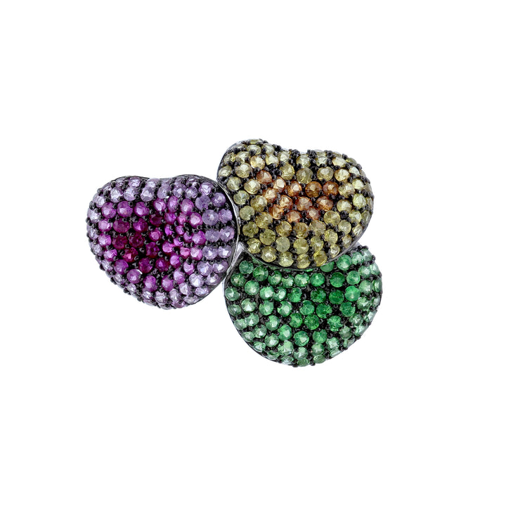 Triple Heart Multi Sapphire & Green Garnet Ring