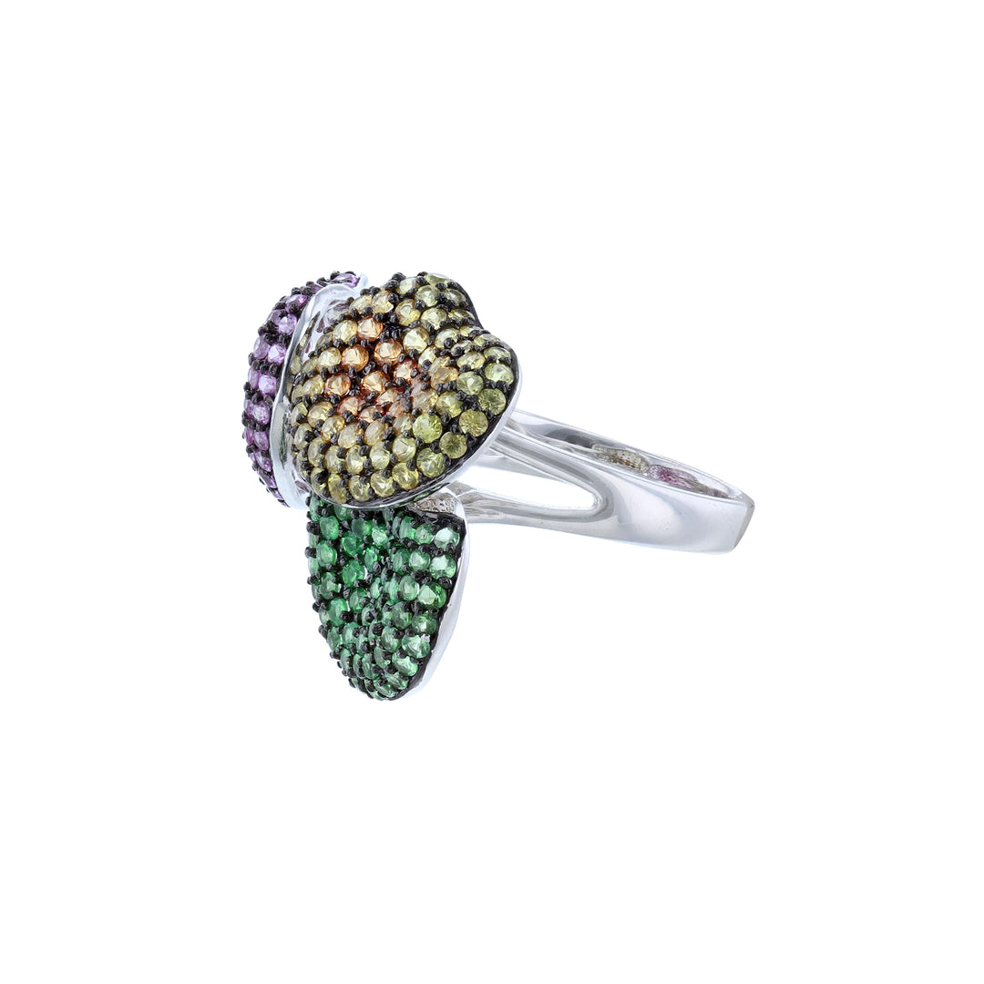 Triple Heart Multi Sapphire & Green Garnet Ring
