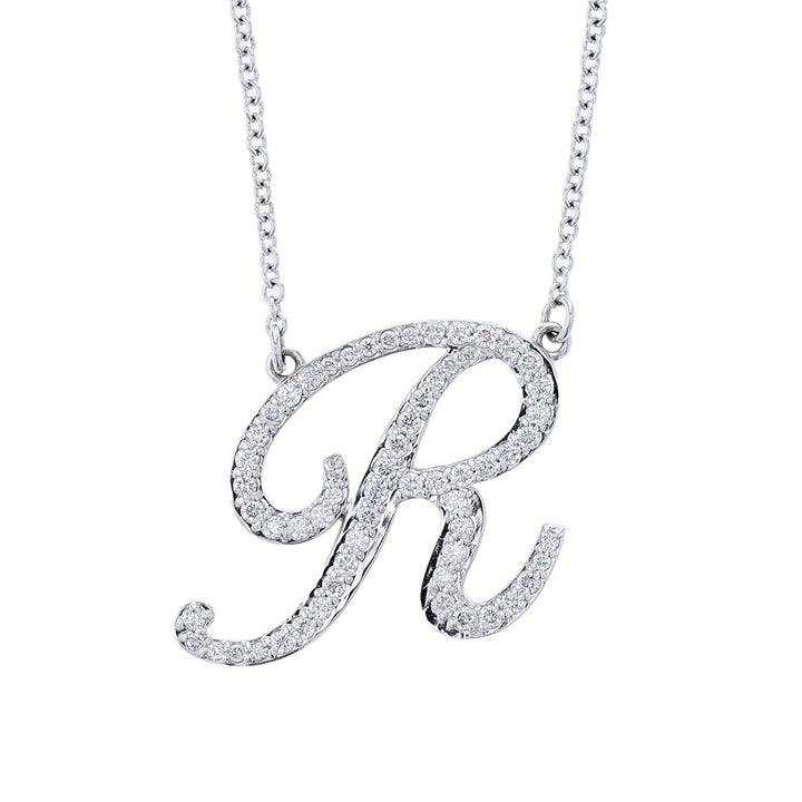 14k White Gold Diamond R Initial Necklace