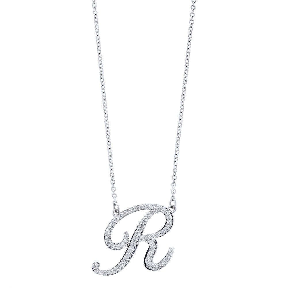 14k White Gold Diamond R Initial Necklace