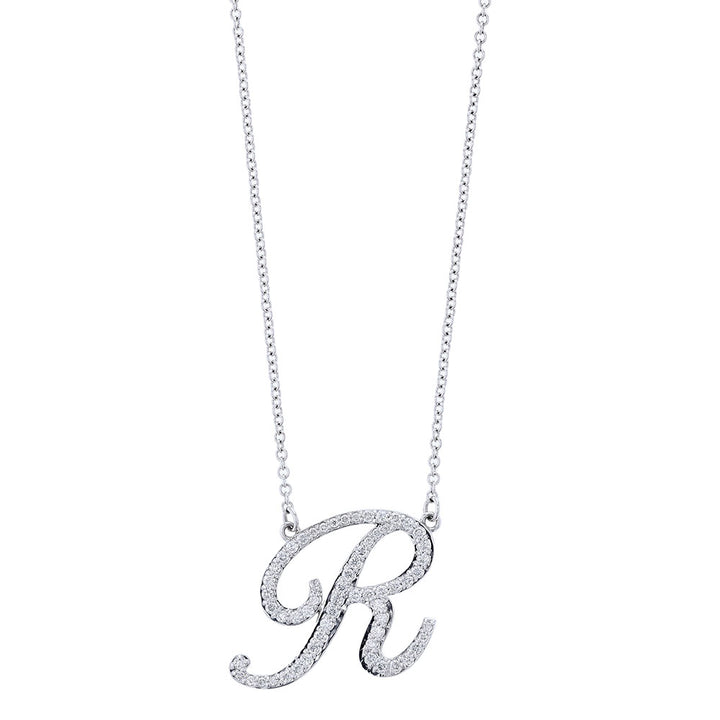 14k White Gold Diamond R Initial Necklace