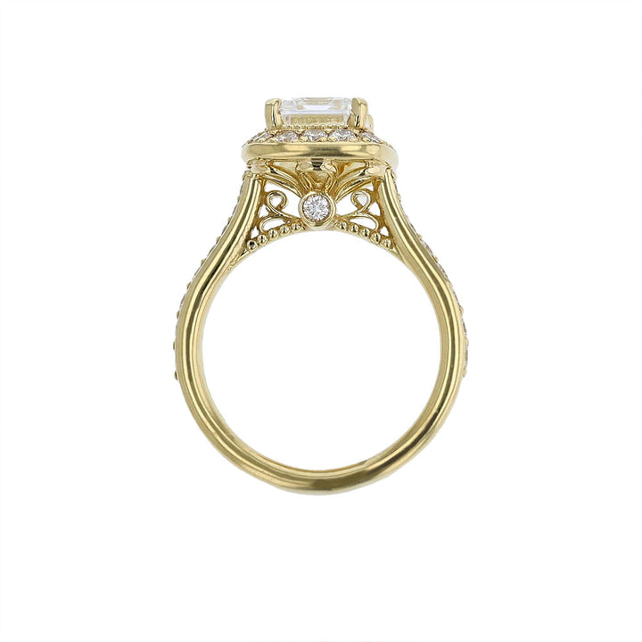 18K Yellow Gold Emerald Cushion Halo Engagement Ring