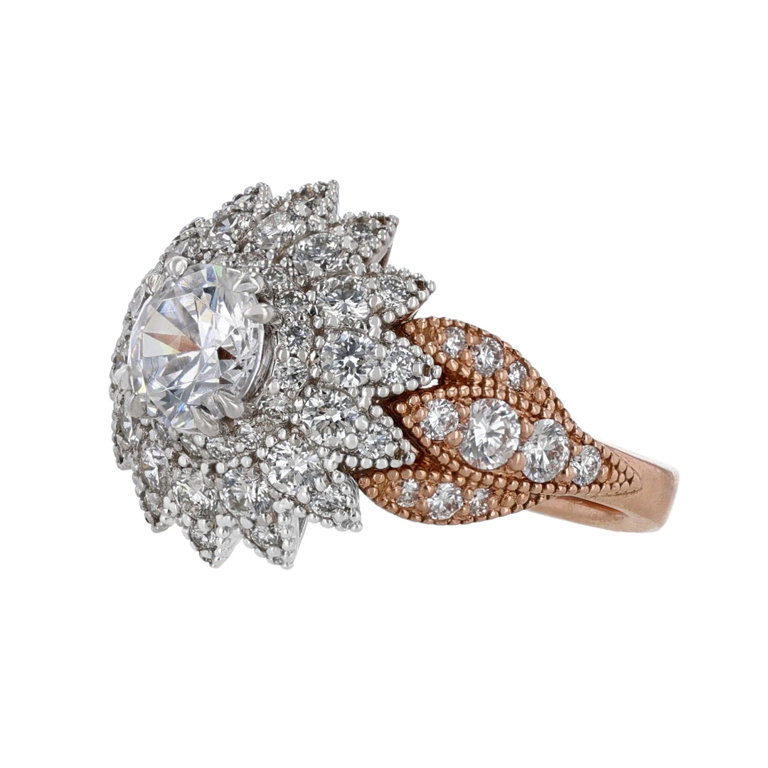 14K Two Tone Gold Floral Halo Engagement Ring