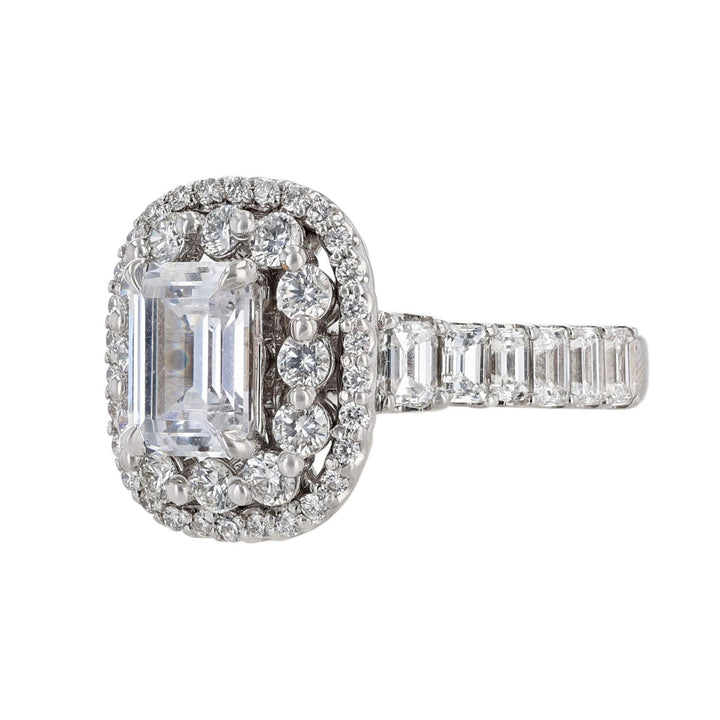 14K WG Double-Halo Emerald Cut Diamond Ring