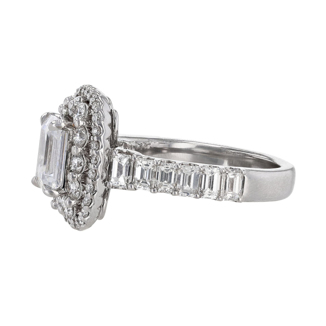 14K WG Double-Halo Emerald Cut Diamond Ring