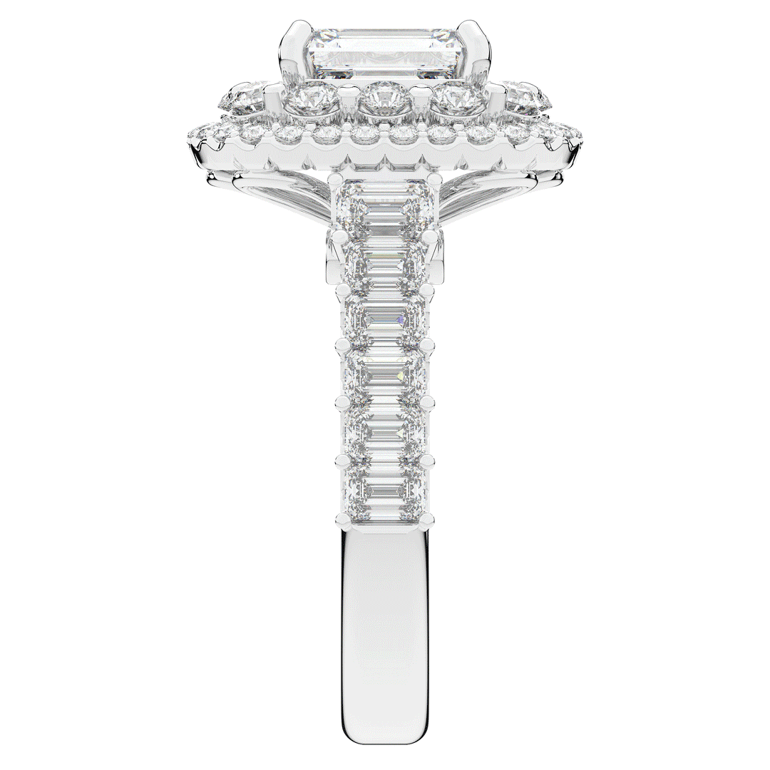 4.70CT.TW EMERALD CUT LAB DIAMOND DOUBLE HALO TWO TONE ENGAGEMENT RING - Nazarelle