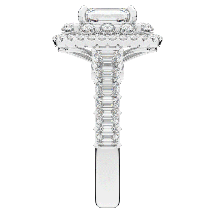4.70CT.TW EMERALD CUT LAB DIAMOND DOUBLE HALO TWO TONE ENGAGEMENT RING - Nazarelle