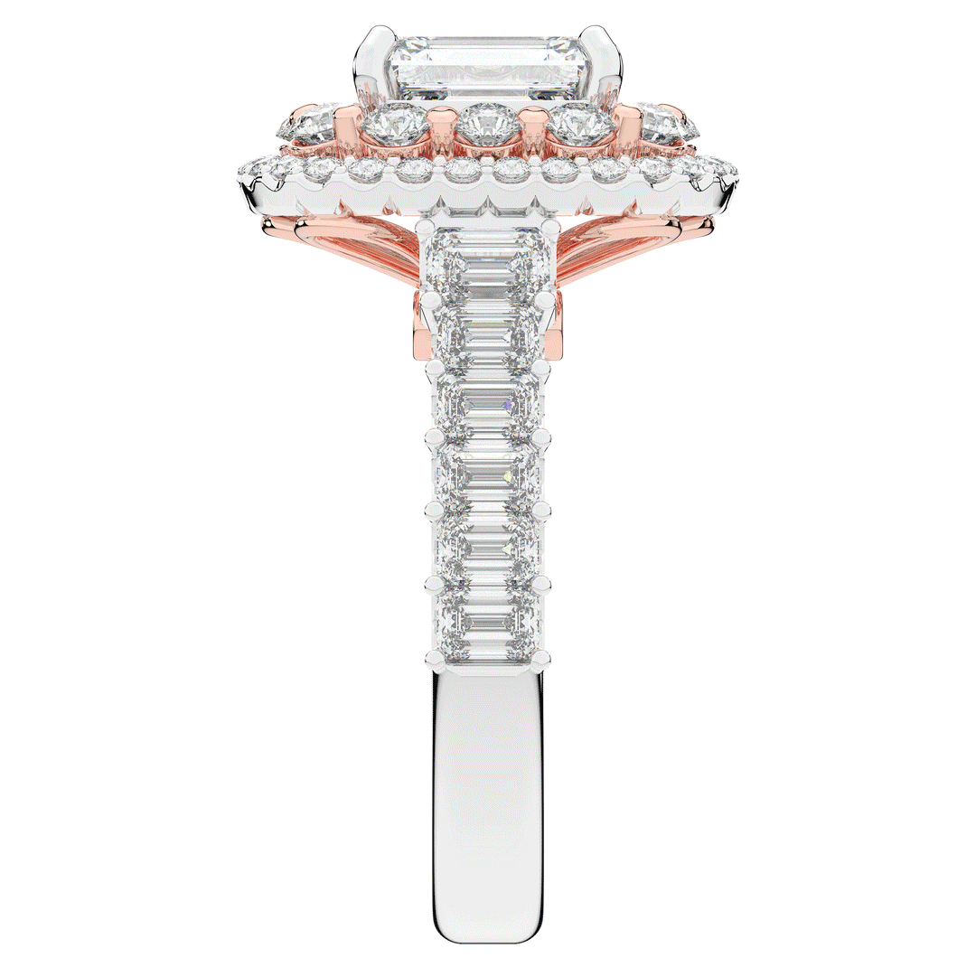 4.70CT.TW EMERALD CUT LAB DIAMOND DOUBLE HALO TWO TONE ENGAGEMENT RING - Nazarelle