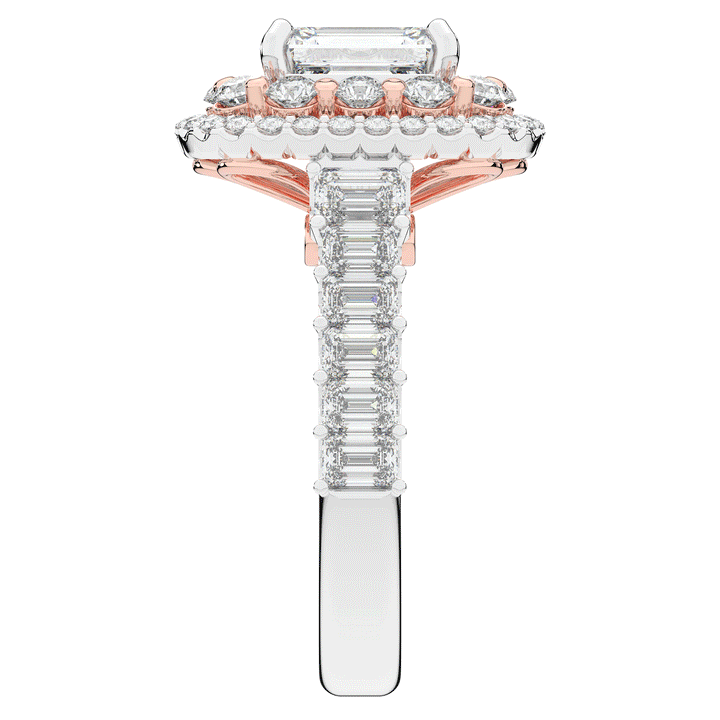 4.70CT.TW EMERALD CUT LAB DIAMOND DOUBLE HALO TWO TONE ENGAGEMENT RING - Nazarelle
