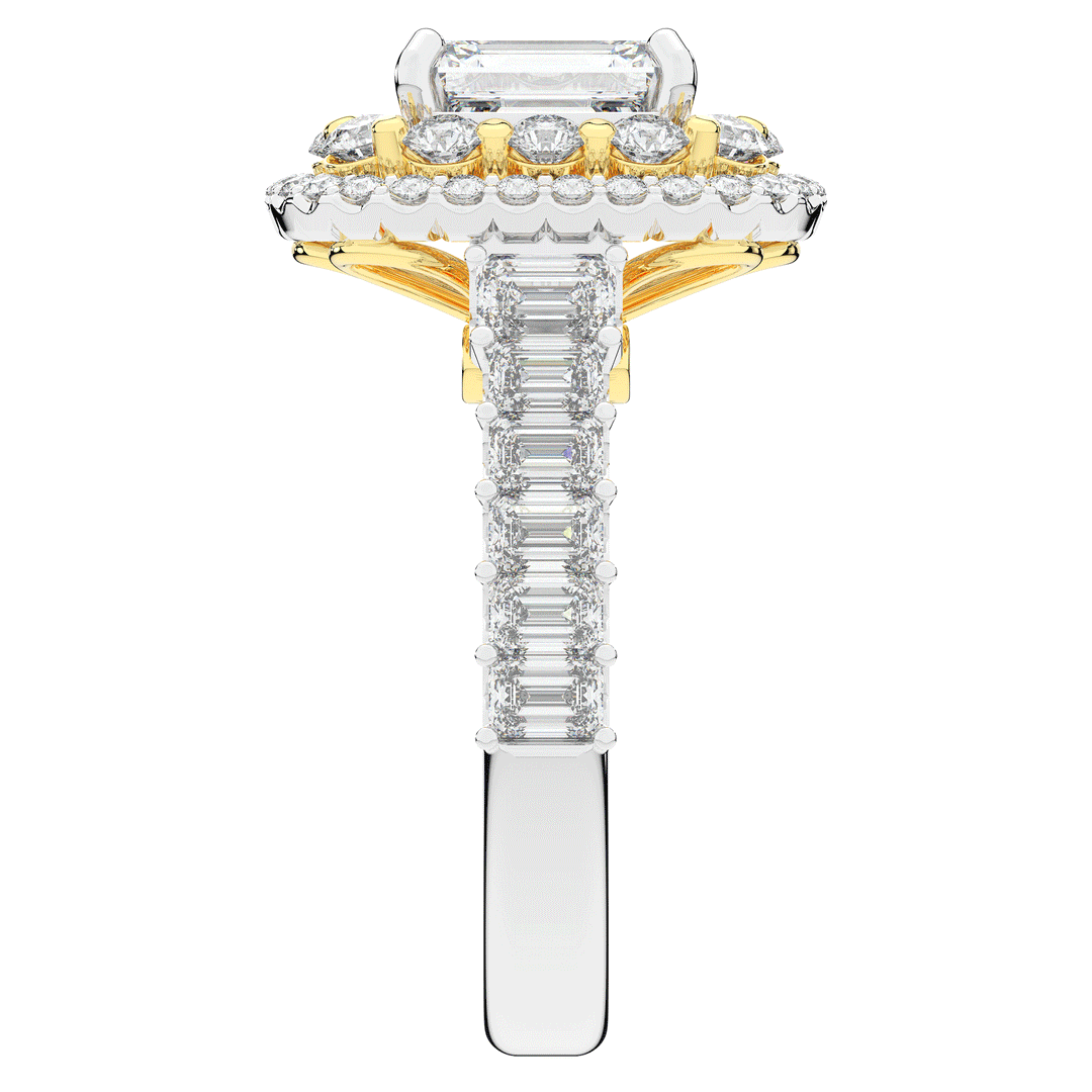 4.70CT.TW EMERALD CUT LAB DIAMOND DOUBLE HALO TWO TONE ENGAGEMENT RING - Nazarelle