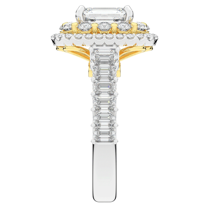 4.70CT.TW EMERALD CUT LAB DIAMOND DOUBLE HALO TWO TONE ENGAGEMENT RING - Nazarelle