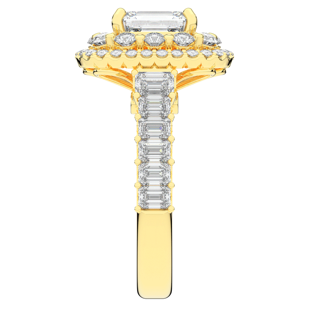 4.70CT.TW EMERALD CUT LAB DIAMOND DOUBLE HALO TWO TONE ENGAGEMENT RING - Nazarelle