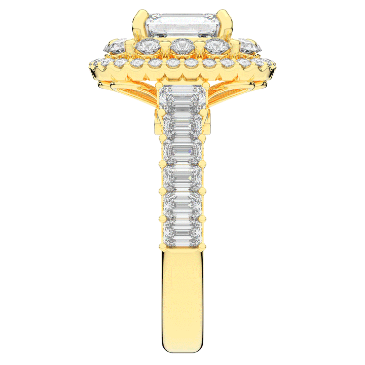 4.70CT.TW EMERALD CUT LAB DIAMOND DOUBLE HALO TWO TONE ENGAGEMENT RING - Nazarelle