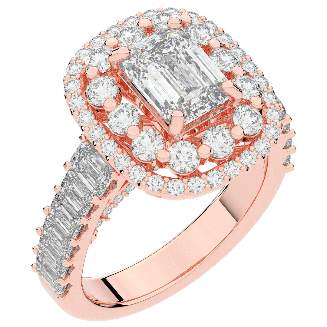 4.70CT.TW EMERALD CUT LAB DIAMOND DOUBLE HALO TWO TONE ENGAGEMENT RING - Nazarelle