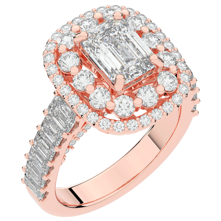 4.70CT.TW EMERALD CUT LAB DIAMOND DOUBLE HALO TWO TONE ENGAGEMENT RING - Nazarelle
