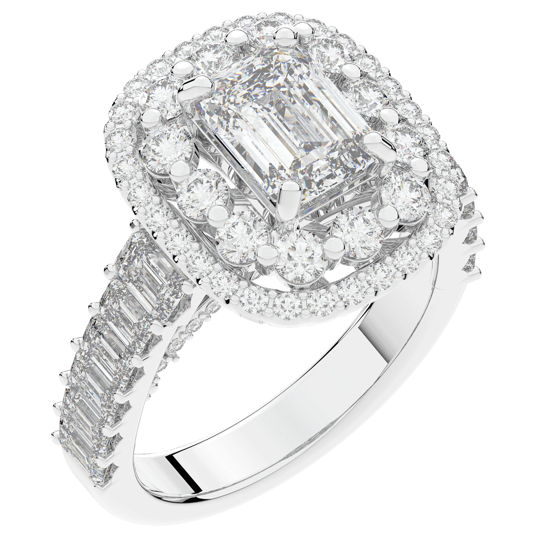 4.70CT.TW EMERALD CUT LAB DIAMOND DOUBLE HALO TWO TONE ENGAGEMENT RING - Nazarelle