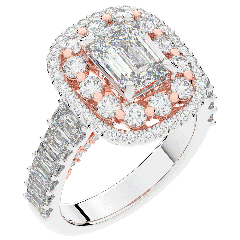 4.70CT.TW EMERALD CUT LAB DIAMOND DOUBLE HALO TWO TONE ENGAGEMENT RING - Nazarelle
