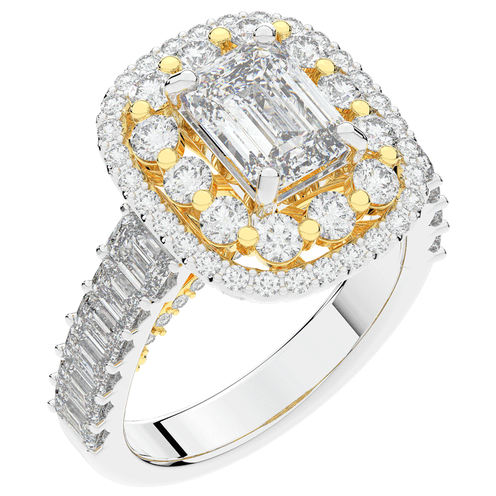 4.70CT.TW EMERALD CUT LAB DIAMOND DOUBLE HALO TWO TONE ENGAGEMENT RING - Nazarelle