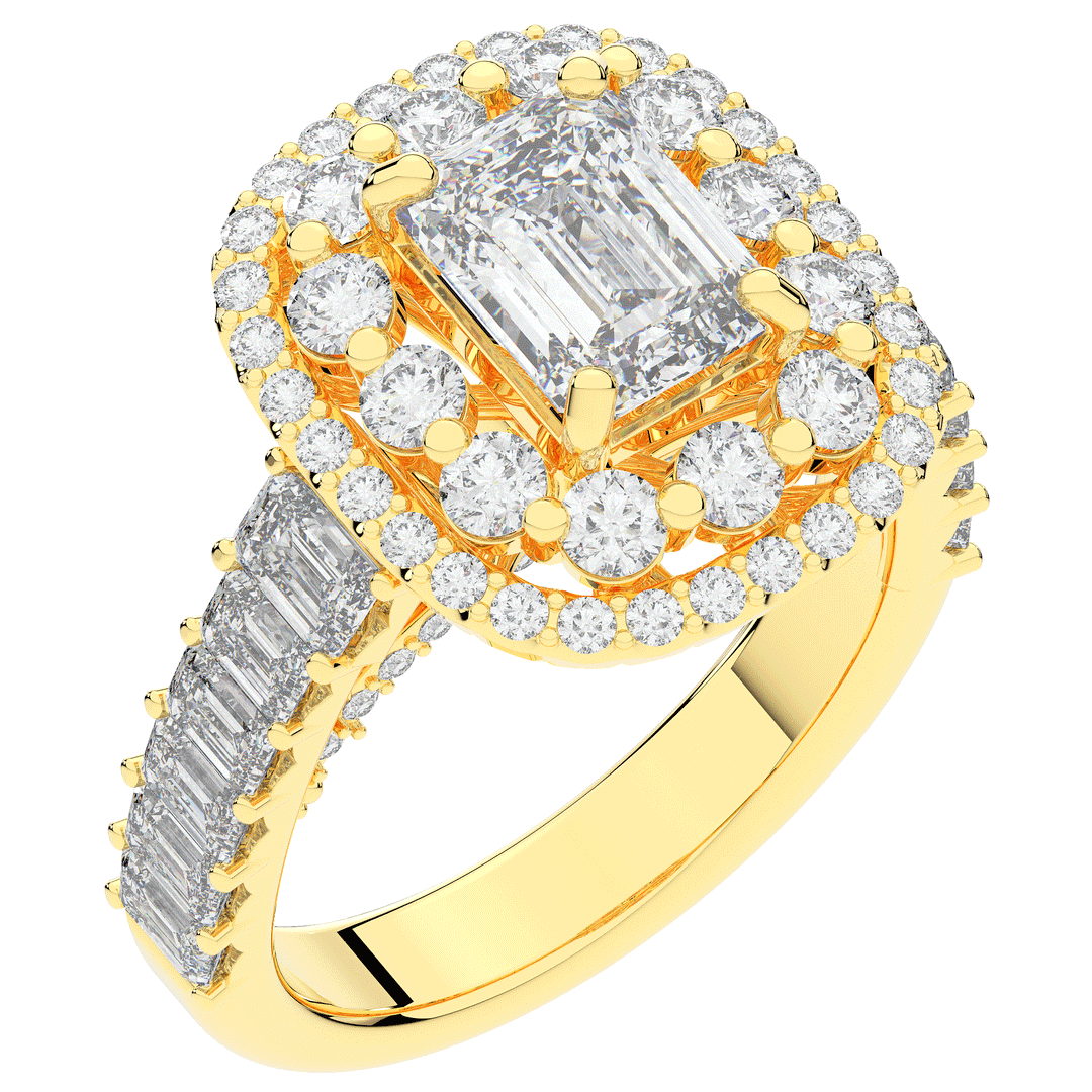 4.70CT.TW EMERALD CUT LAB DIAMOND DOUBLE HALO TWO TONE ENGAGEMENT RING - Nazarelle