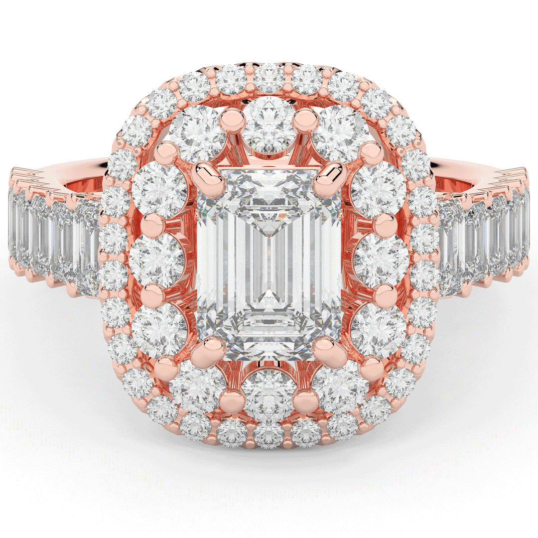 4.70CT.TW EMERALD CUT LAB DIAMOND DOUBLE HALO TWO TONE ENGAGEMENT RING - Nazarelle
