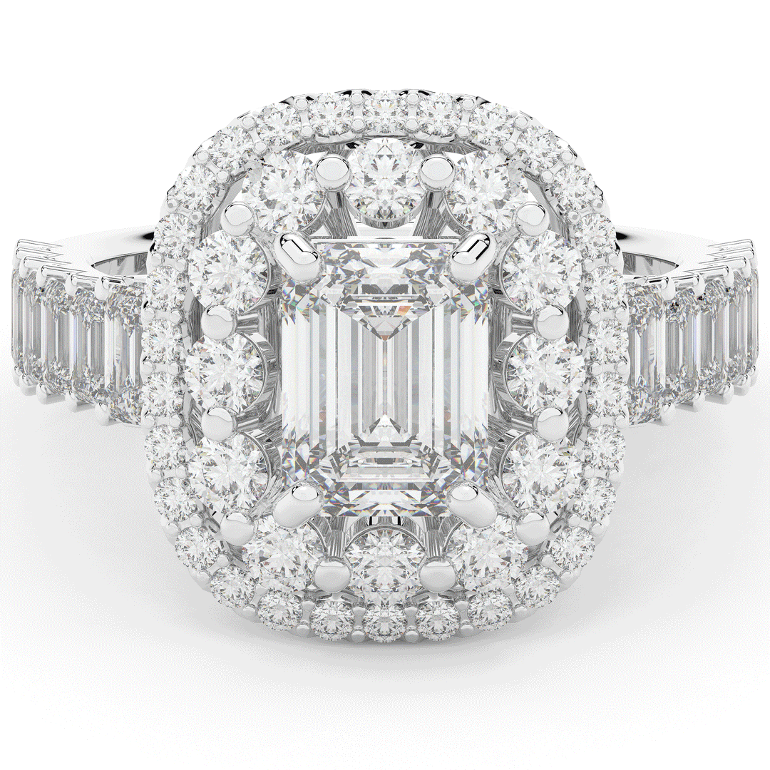 4.70CT.TW EMERALD CUT LAB DIAMOND DOUBLE HALO TWO TONE ENGAGEMENT RING - Nazarelle