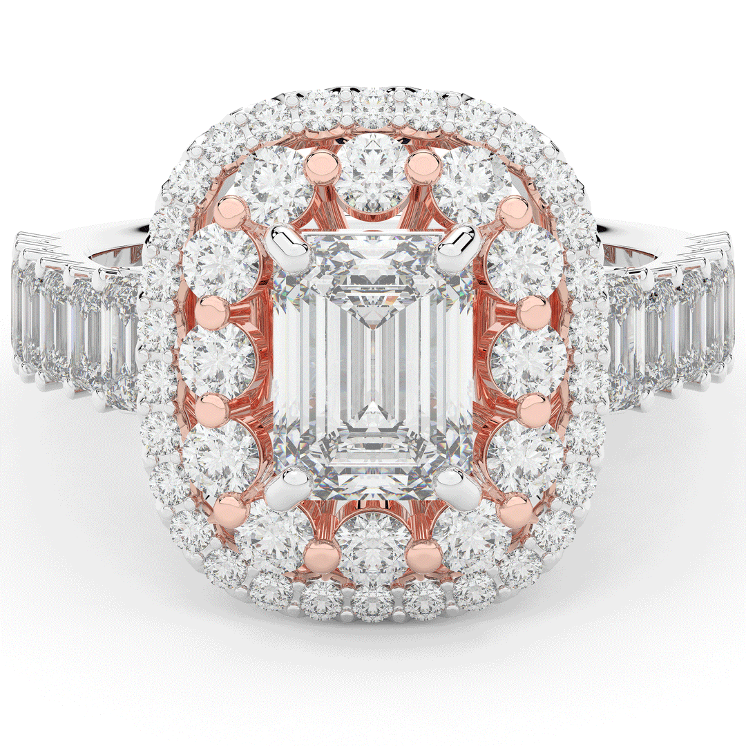 4.70CT.TW EMERALD CUT LAB DIAMOND DOUBLE HALO TWO TONE ENGAGEMENT RING - Nazarelle