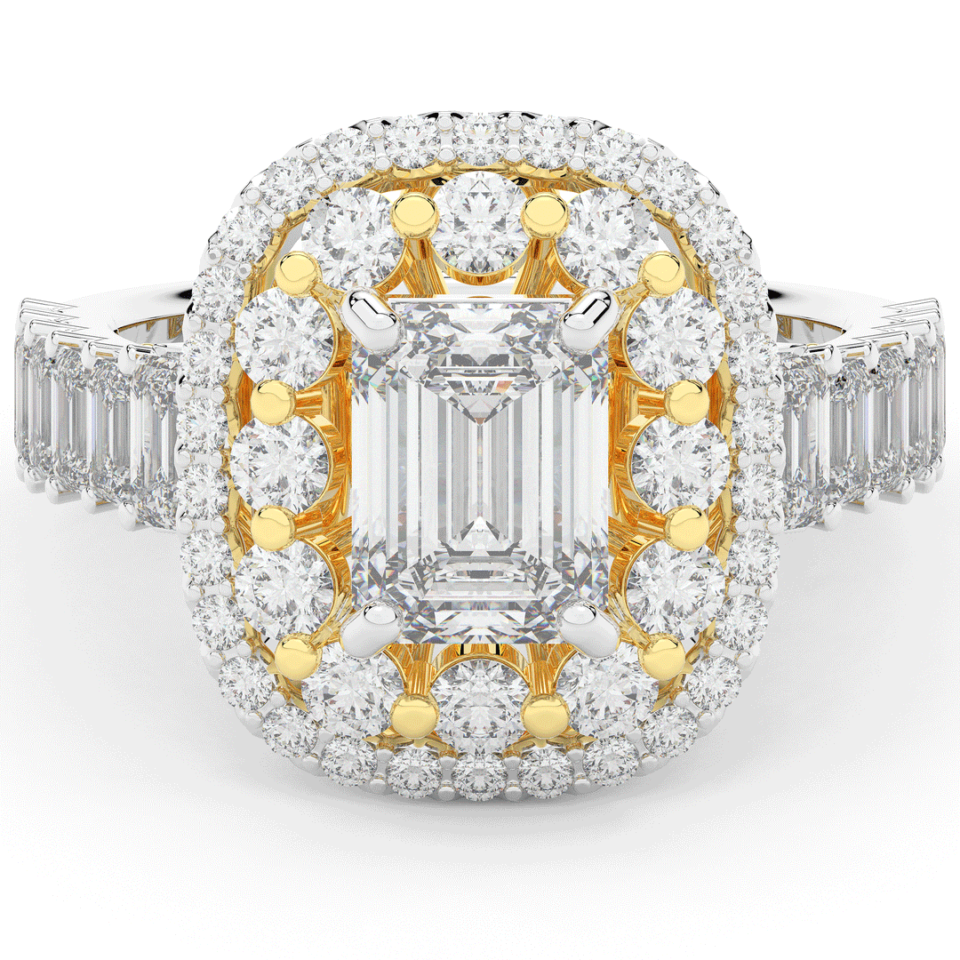 4.70CT.TW EMERALD CUT LAB DIAMOND DOUBLE HALO TWO TONE ENGAGEMENT RING - Nazarelle
