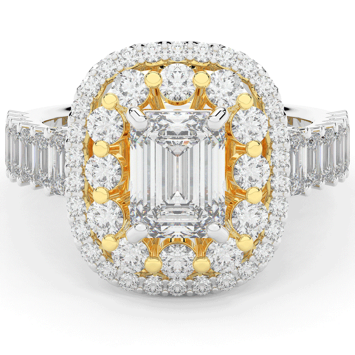 4.70CT.TW EMERALD CUT LAB DIAMOND DOUBLE HALO TWO TONE ENGAGEMENT RING - Nazarelle