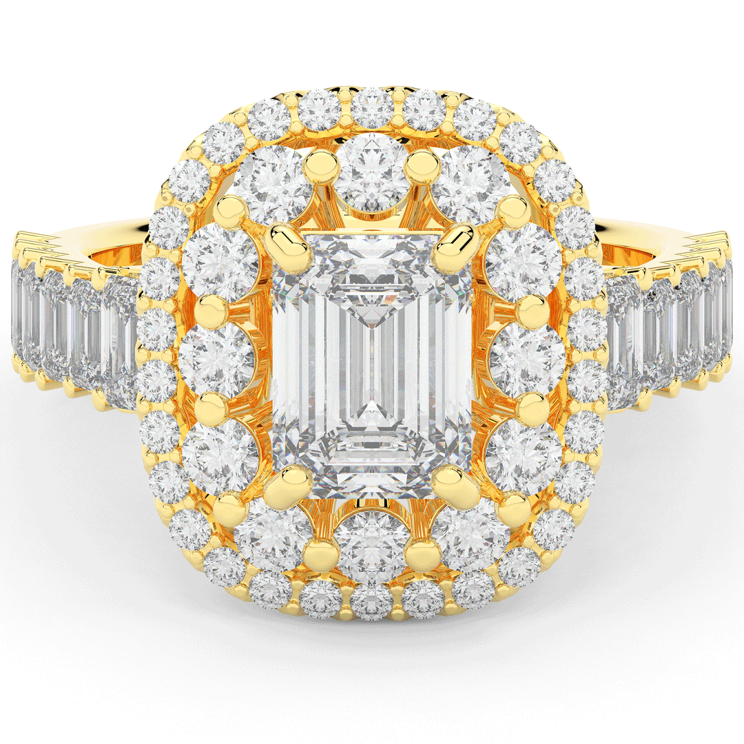 4.70CT.TW EMERALD CUT LAB DIAMOND DOUBLE HALO TWO TONE ENGAGEMENT RING - Nazarelle