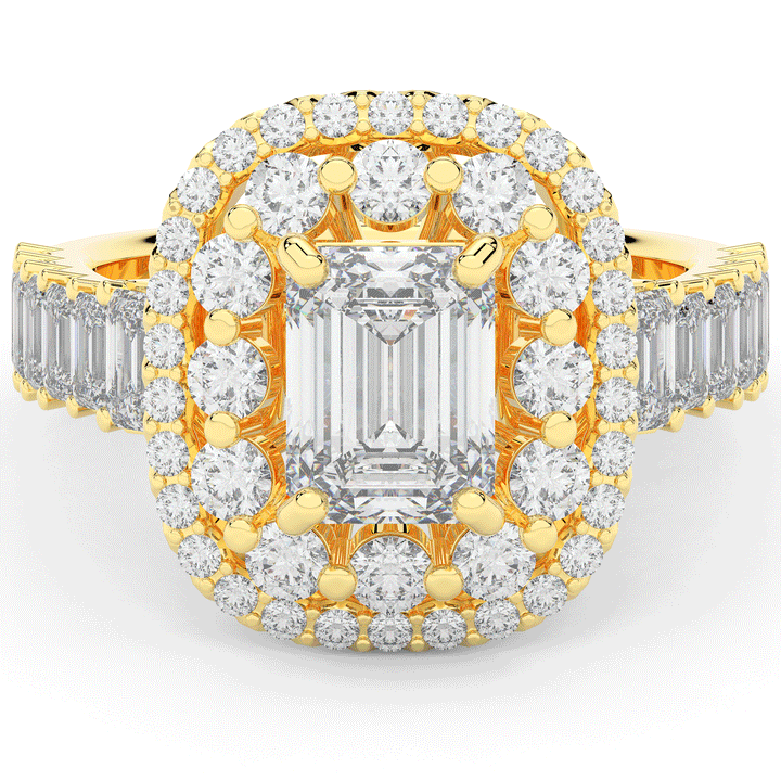 4.70CT.TW EMERALD CUT LAB DIAMOND DOUBLE HALO TWO TONE ENGAGEMENT RING - Nazarelle