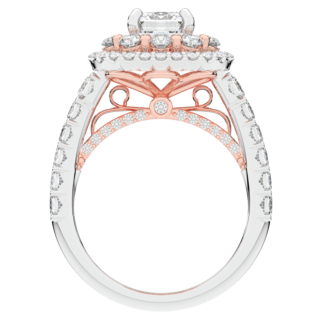 4.70CT.TW EMERALD CUT LAB DIAMOND DOUBLE HALO TWO TONE ENGAGEMENT RING - Nazarelle