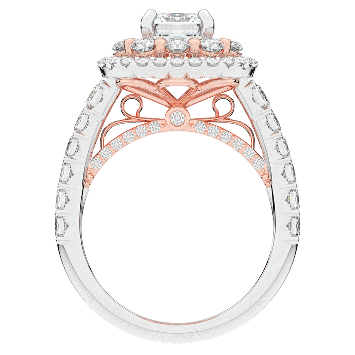 4.70CT.TW EMERALD CUT LAB DIAMOND DOUBLE HALO TWO TONE ENGAGEMENT RING - Nazarelle