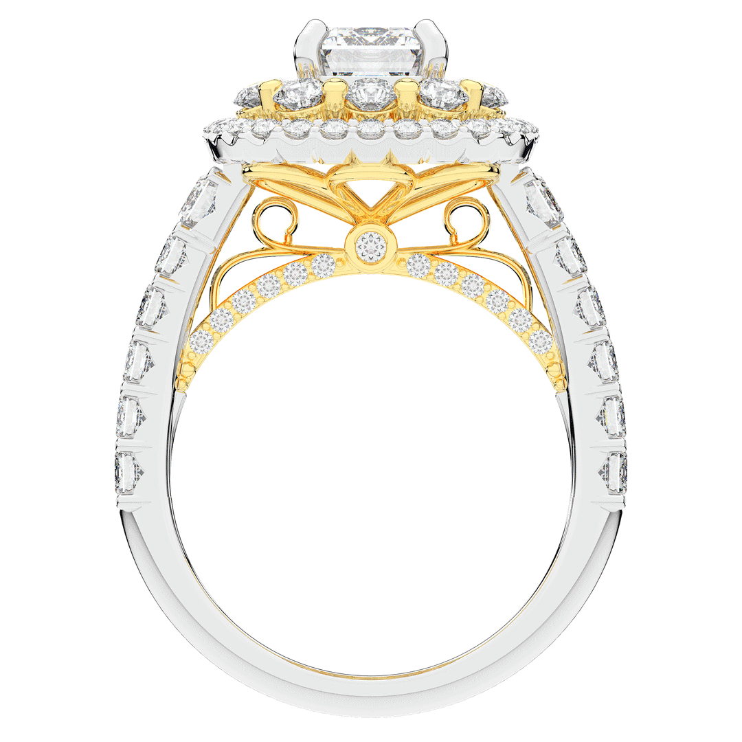 4.70CT.TW EMERALD CUT LAB DIAMOND DOUBLE HALO TWO TONE ENGAGEMENT RING - Nazarelle