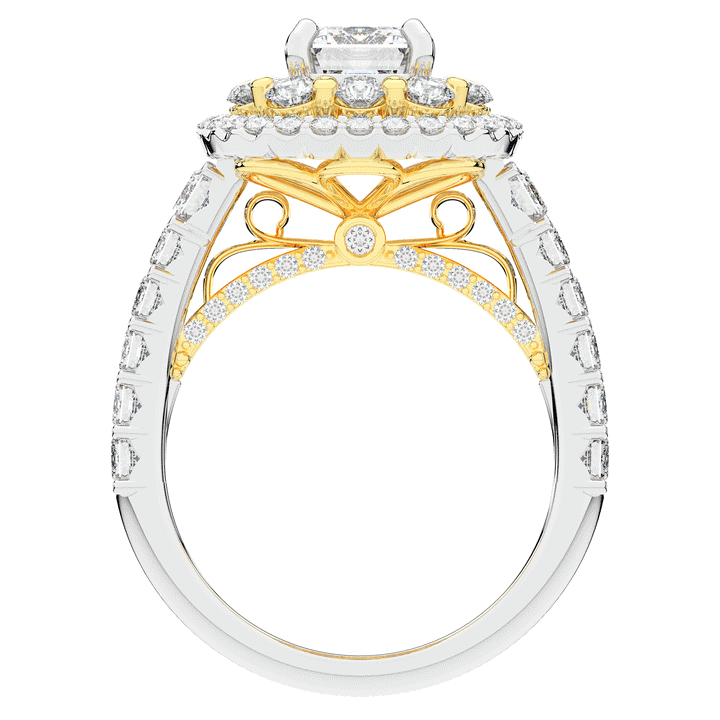 4.70CT.TW EMERALD CUT LAB DIAMOND DOUBLE HALO TWO TONE ENGAGEMENT RING - Nazarelle