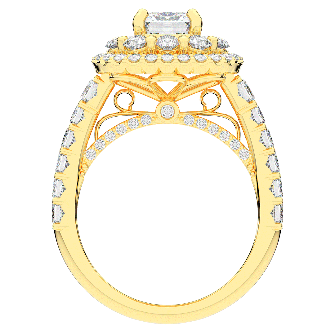4.70CT.TW EMERALD CUT LAB DIAMOND DOUBLE HALO TWO TONE ENGAGEMENT RING - Nazarelle
