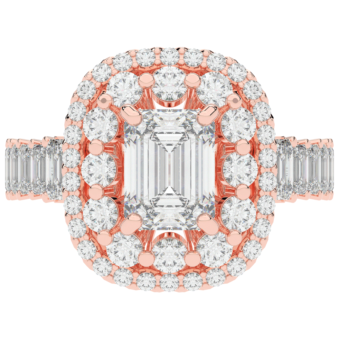 4.70CT.TW EMERALD CUT LAB DIAMOND DOUBLE HALO TWO TONE ENGAGEMENT RING - Nazarelle